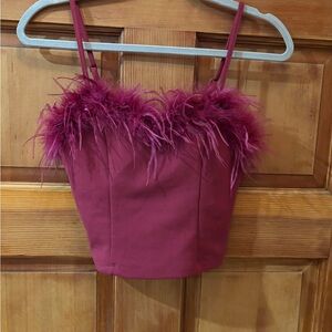 Elegant Burgundy Feather Trim Top